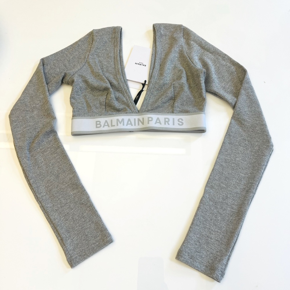 Balmain Gray Long Sleeve Crop Top